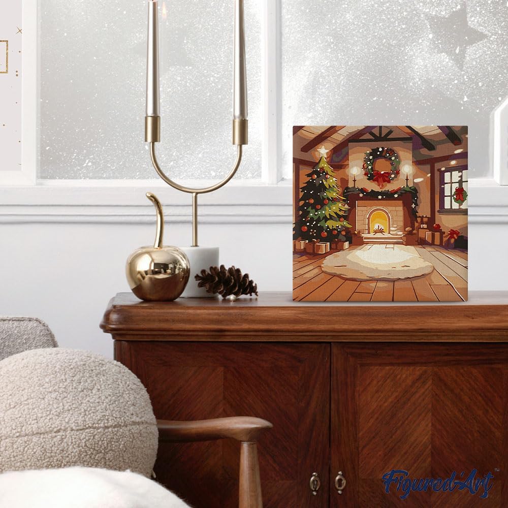Figured'Art Mini Paint by Numbers Kit for Adults with Frame Cozy Christmas Room Small Format 8x8in - Craft Art Painting DIY Canvas Already Stretched on a Wooden Frame
