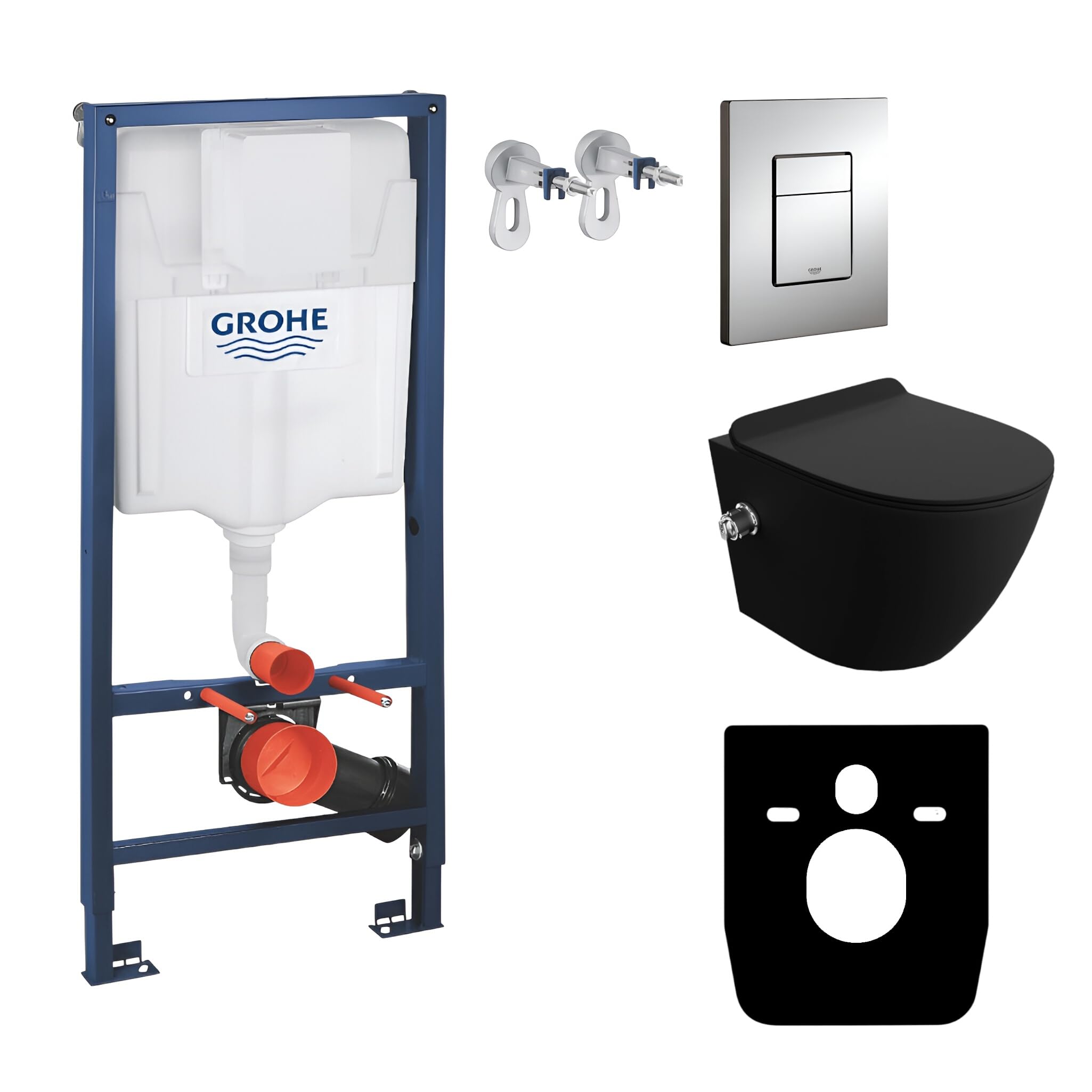 LAVITA Elemento de pared Solido + pared colgante de inodoro Salto negro sin borde + asiento de inodoro de cierre suave | botón cromado | juego completo | cisterna empotrada | inodoro completo