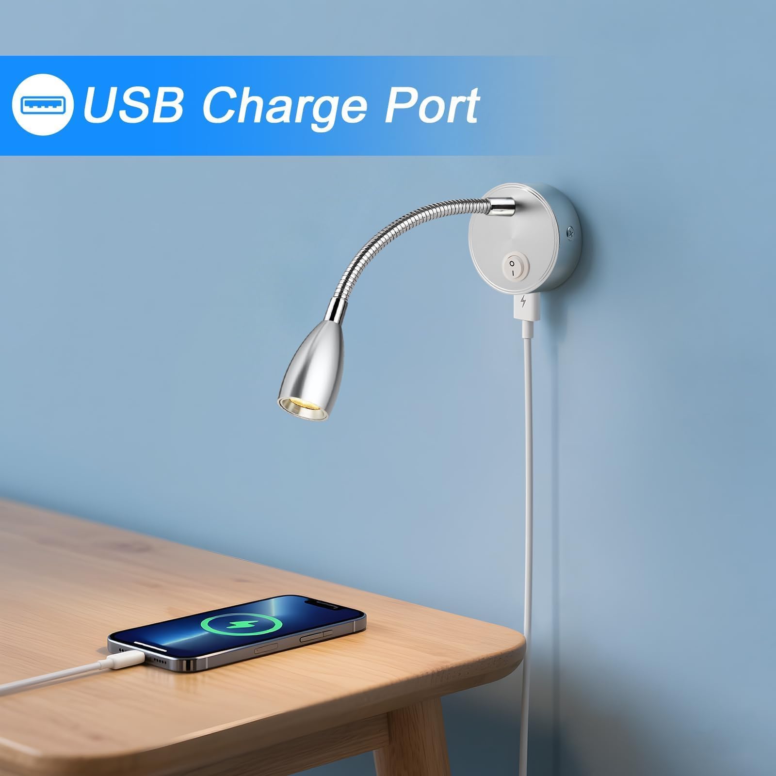 ERWEY 2er LED lampe de lecture 12V camping - car, 3W 3000k applique lampe de lit avec col de cygne flexible et port de charge USB pour bateau, yacht, voiture, éclairage intérieur de caravane, argent