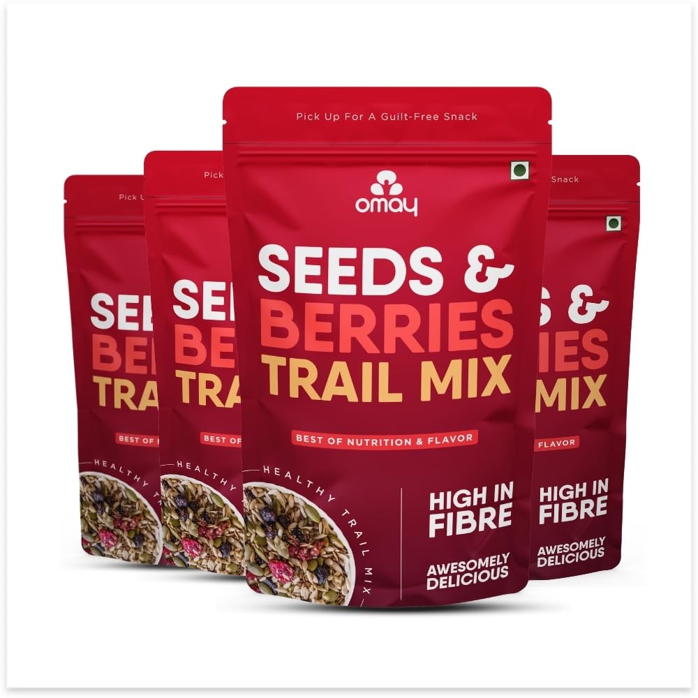 Omay Foods Berries Mix, 80g Pouch (Pack of 4) | Healthy Snacks I Trail Mix | Blueberry, Red Cranberry, Black Currant, Roasted Seeds and Berries Mix | Roasted, Guilt-Free Snack