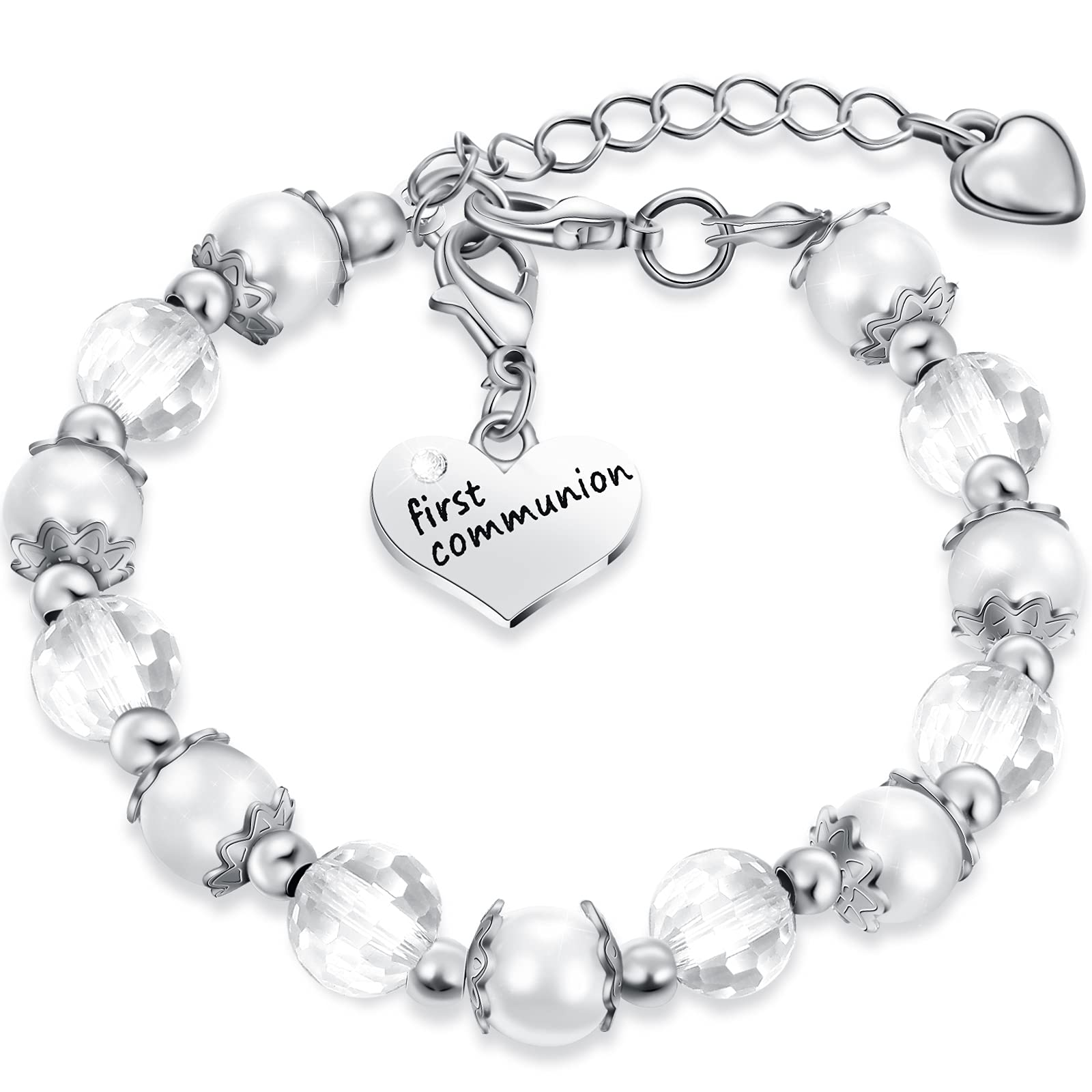 HicarerFirst Communion Bracelets Charm Heart Pendant Beads Balls Faux Pearls Jewelry