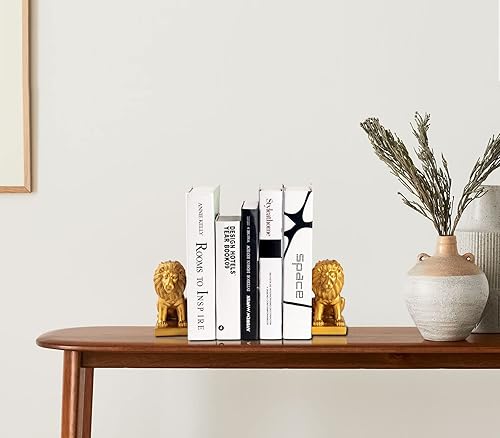 Miniatura 8 de Extremos de libro de león para el hogar, 2 sujetalibros dorados, decoración para libros, sujetalibros resistentes para estantes, estantes antiq