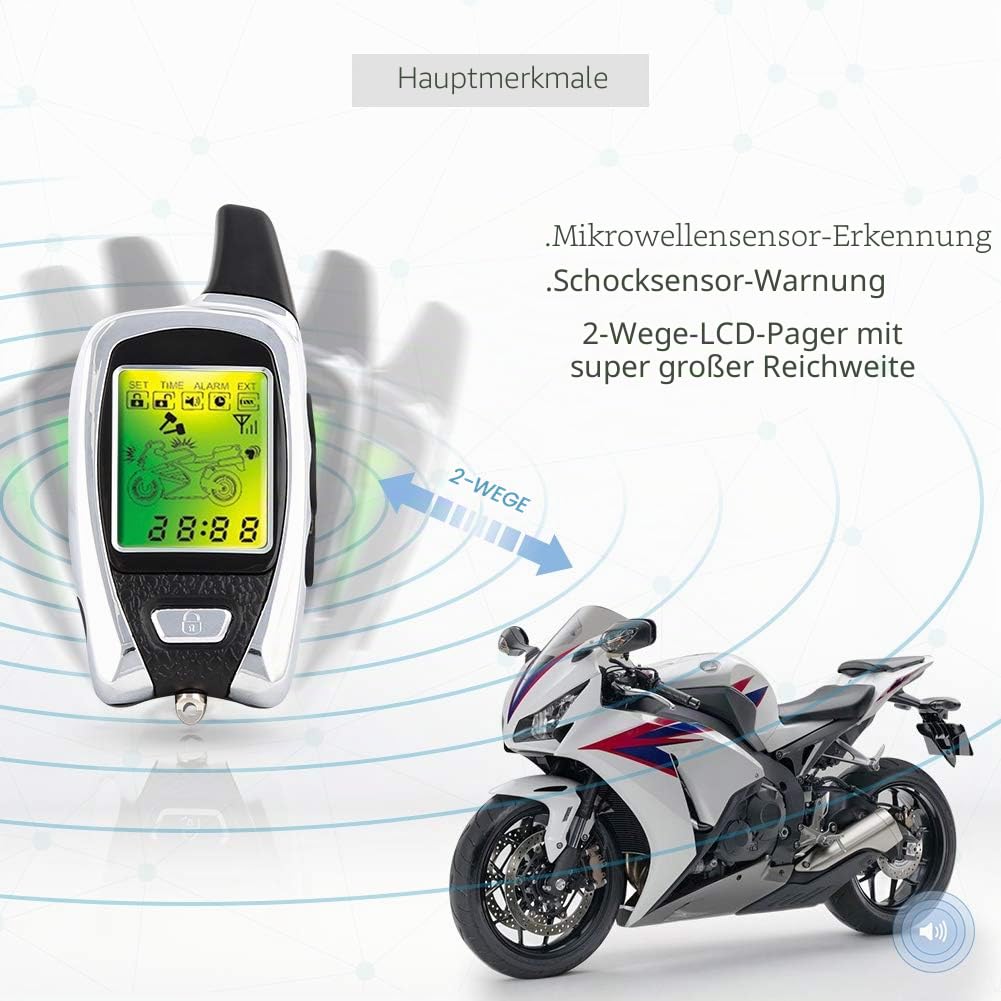 Easyguard EM209 2-Wege-Motorrad-Alarmanlage mit Fernbedienung Motorstart-Mikrowellensensor, farbiges LCD-Pager-Display, Stoßsensor, Näherungssensor inklusive Universalversion 12 V Gleichstrom
