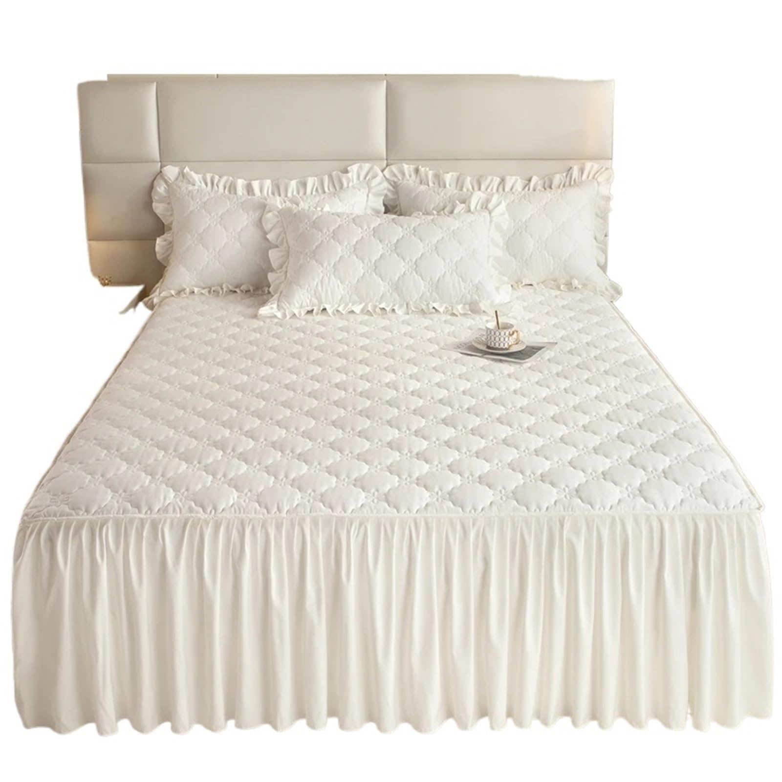 Thickened Bed Skirt Solid Color Cover Quilted Mattress Protector Покрывало Bedspread (No Pillowcase)(White,Queen 150x200cm 1pc)