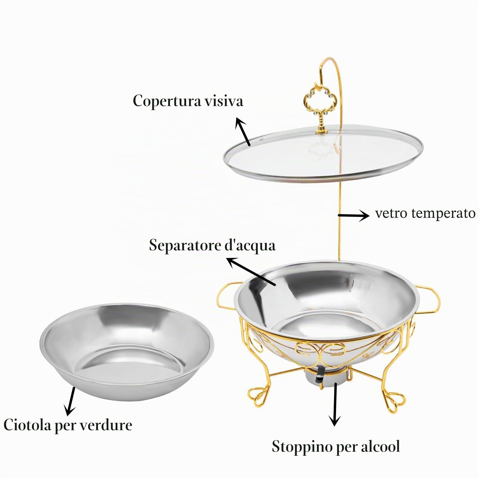 Set chafing dish rotondo da 6 litri con base in acciaio inossidabile, contenitore per mantenere il cibo caldo, coperchio e manico isolante, riscaldamento a lampada ad alcool, per buffet, feste