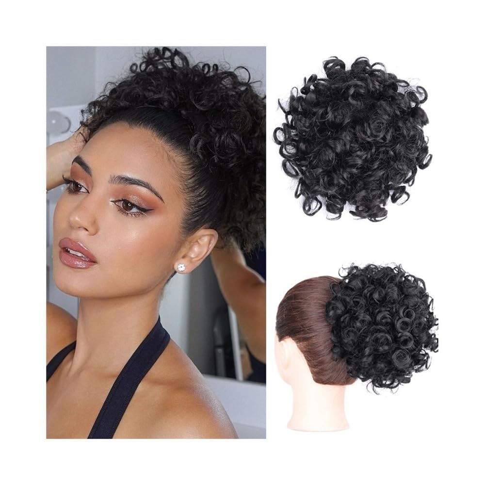 Täglicher Partygebrauch Afro Puff Kinky Curly Bun Haar Synthetische Kordelzug Pferdeschwanz Clip In Kurze Haarverlängerungen Haarteile(1B)
