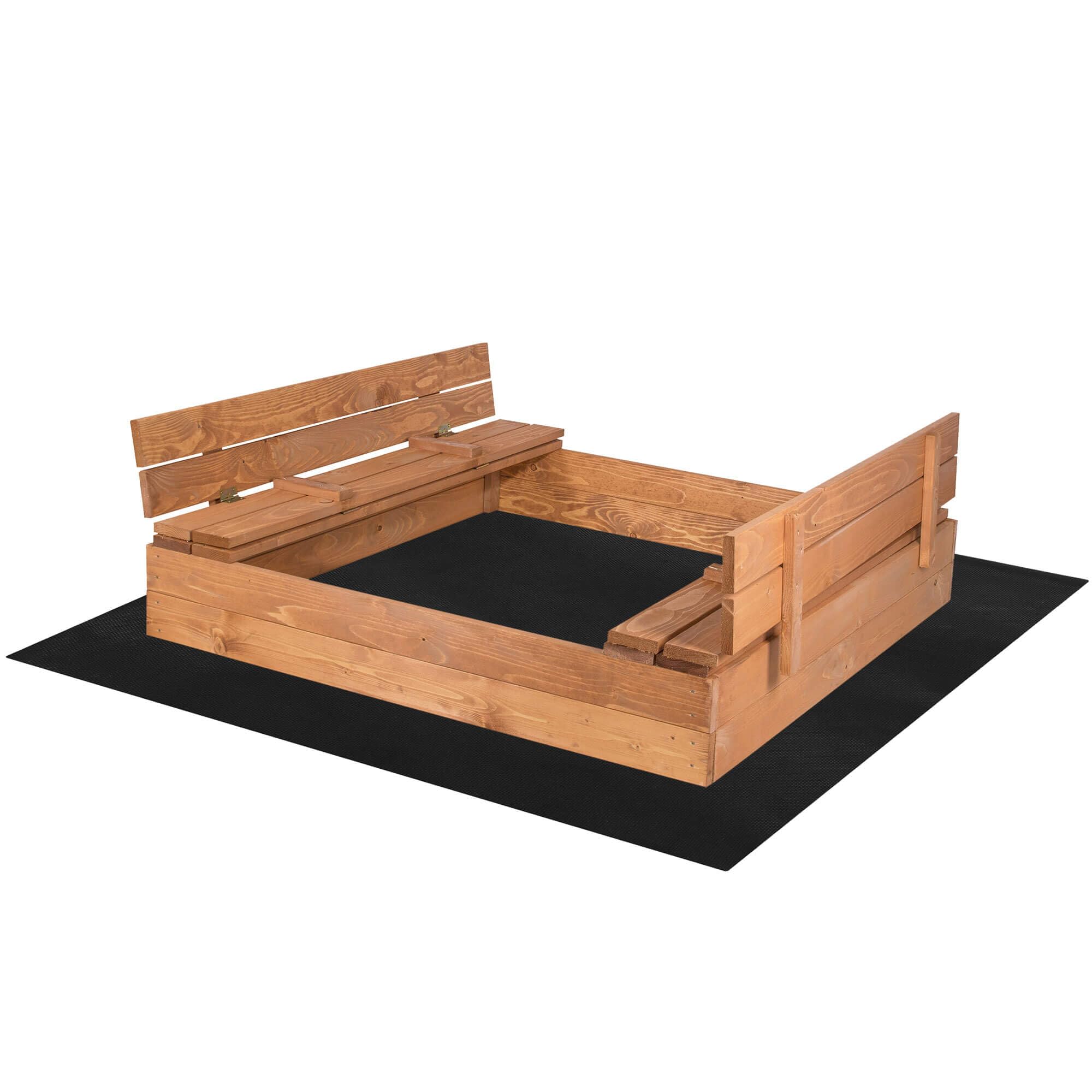 SPRINGOS Bac à sable avec bancs en bois massif 120 x 120 cm avec bâche de sol en non-tissé