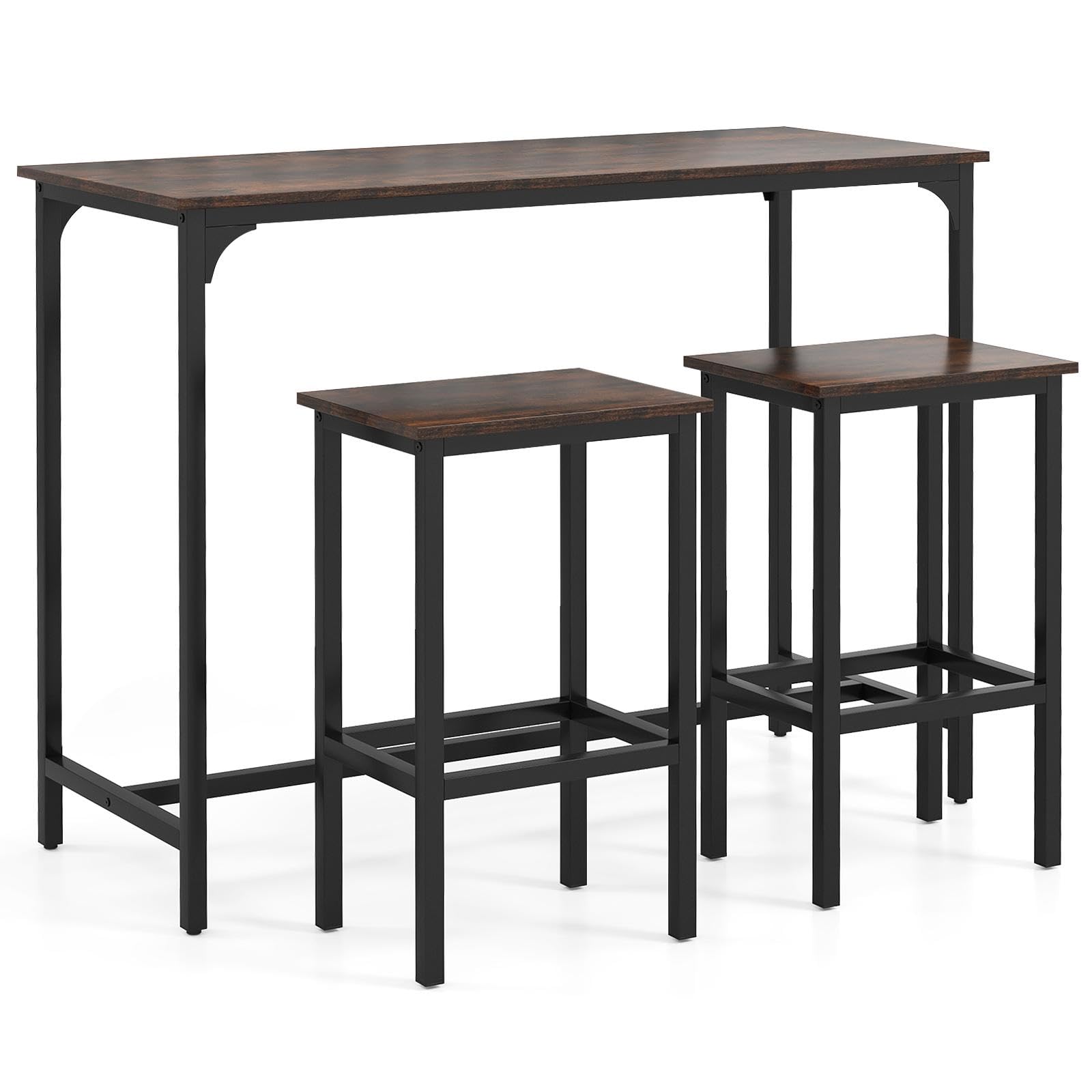 TANGZON Bar Table Set with 2 Stools, 3PCS Breakfast Bar Set with Metal Legs & Footrests, Industrial Counter Dining Table and Stools for Home Kitchen Pub Cafe Restaurant (Coffee+Black)