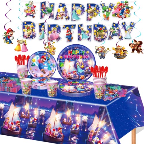 2026 New Super Mario Birthday Decorations Set 4270 Tablecloth 15 Banners 6 Hanging Swirls 92-Piece Party Supplies Including 9and 7 Plates Napkins Cups Cutlery for Super Mario Themed Party