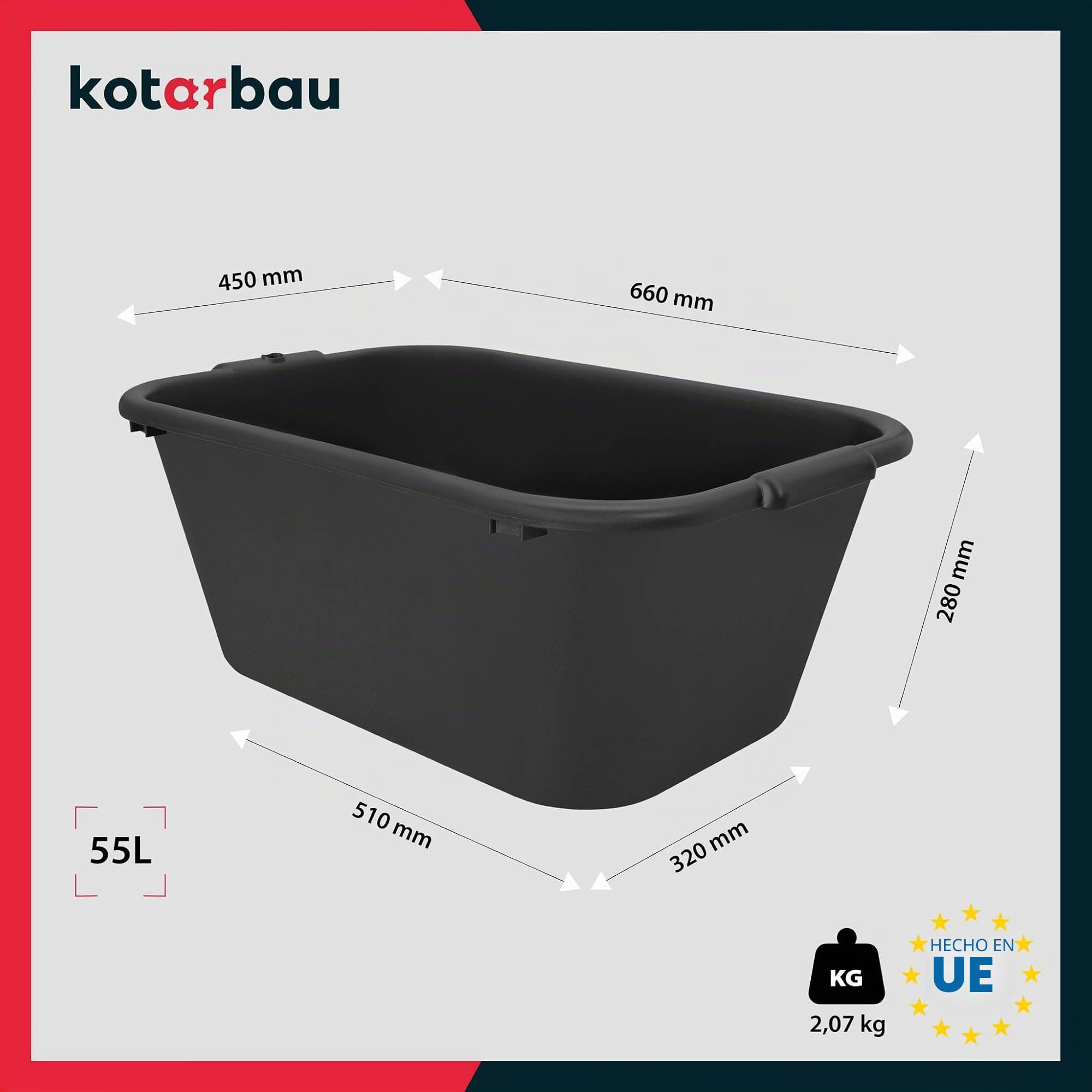 KOTARBAU® Cubo Rectangular para mortero, 55 L, Negro, Plástico Resistente, Depósito, Barreño, Tanque, Contenedor de Agua para riego, Cubo de construcción para Mezclar Cemento, Recipiente Universal