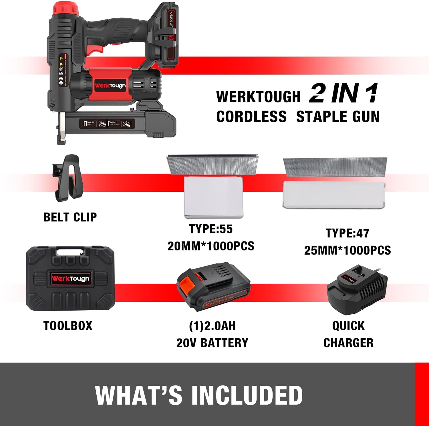 20v Cordless Staple Gun Brad Nailer 2 in 1 Aluminum Metal magzine 1 Hour Fast Charger 2000mA Lithium Battery 2000pcs Free Staples(90 4/5”1000+18GA 1”x1000) in Tool Case - Image 3