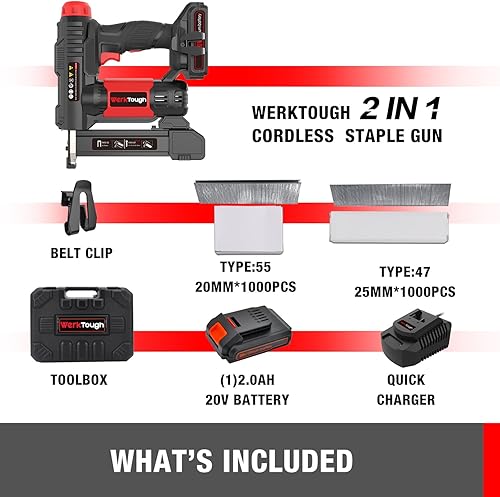 Miniatura 3 de Pistola de grapas inalámbrica de 20 V, clavadora 2 en 1 de aluminio, cargador rápido de 1 hora, batería de litio de 2000 mA, 2000 grapas gratis (90