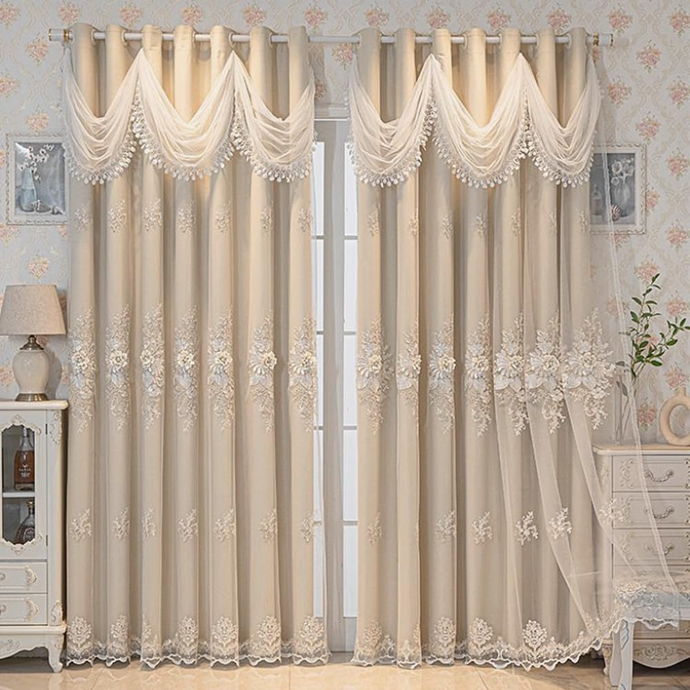 Amidoudou Paire de rideaux européens de luxe avec cantonnière ondulée pour salon, chambre à coucher - Double couche - Beige - 168 x 243 cm