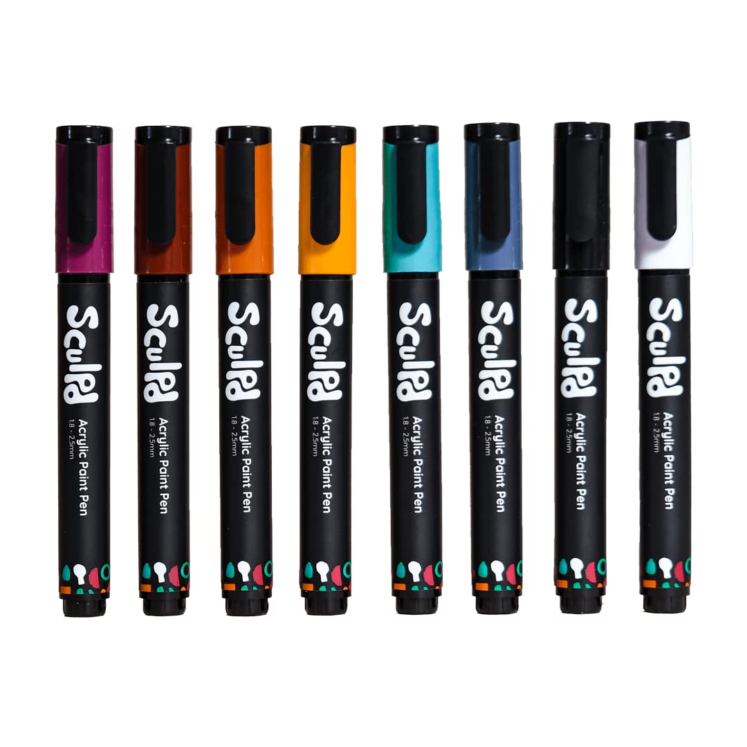 Sculpd Acrylic Paint Pens Set, Mediterranean, Premium Fine Tips for Painting Pottery, Wood, Cardboard, Paper, Glass & Most Other Surfaces, 8 Vibrant Colors for Arts & Crafts