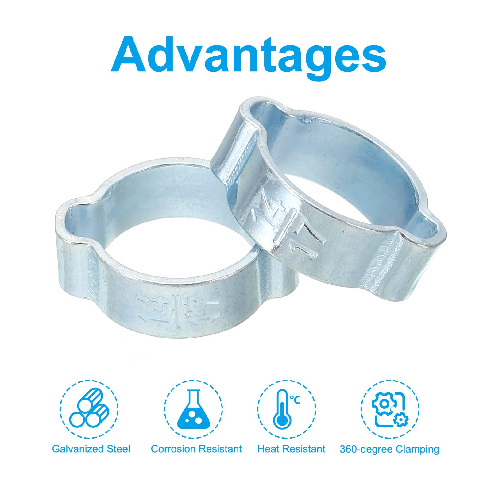 PATIKIL 50 Pack 14-17mm Double Ear Hose Clamp, Galvanized Steel O Clip Crimp Rings for Fuel Petrol Pipe Tube Fitting Connections, Silver Tone - Image 4