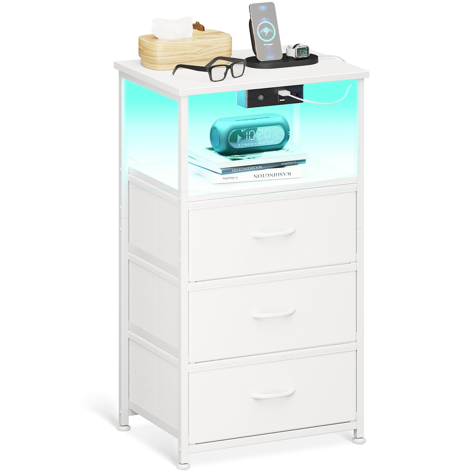 Coleshome Mesitas de Noche Blanco, con Enchufe, 2 Puertos USB y Tira de Luces LED, Mesita de Noche con 3 Cajones de Tela y 2 Espacio de Almacenamiento, 40 x 30 x 70 cm, 1 Paquete