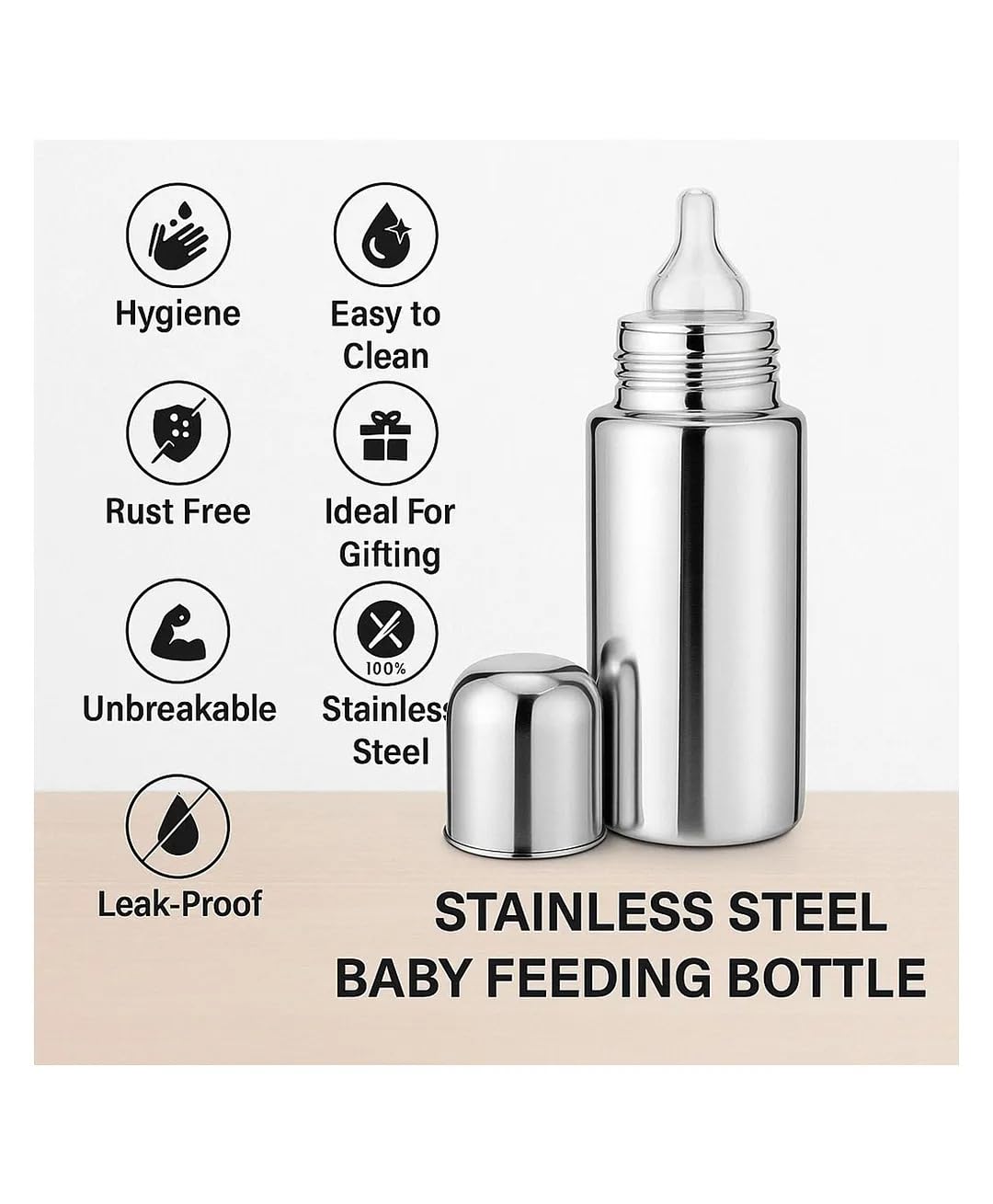 Cuteably Stainless Steel Bottle for Babies – BPA Free, Leak-Proof, Easy to Clean – Available in 200ml – Newborn to 1+ Year Kids 4