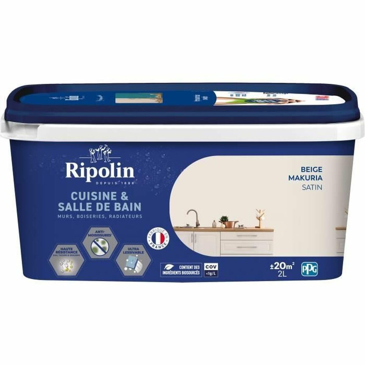 RIPOLIN Peinture Intérieure Cuisine et Bain Effet Perlant Satin Makuria 2 L | Peinture Spécialement Conçue pour les Pièces Humides, Technologie 'effet Perlant', Grande Résistance aux Graisses