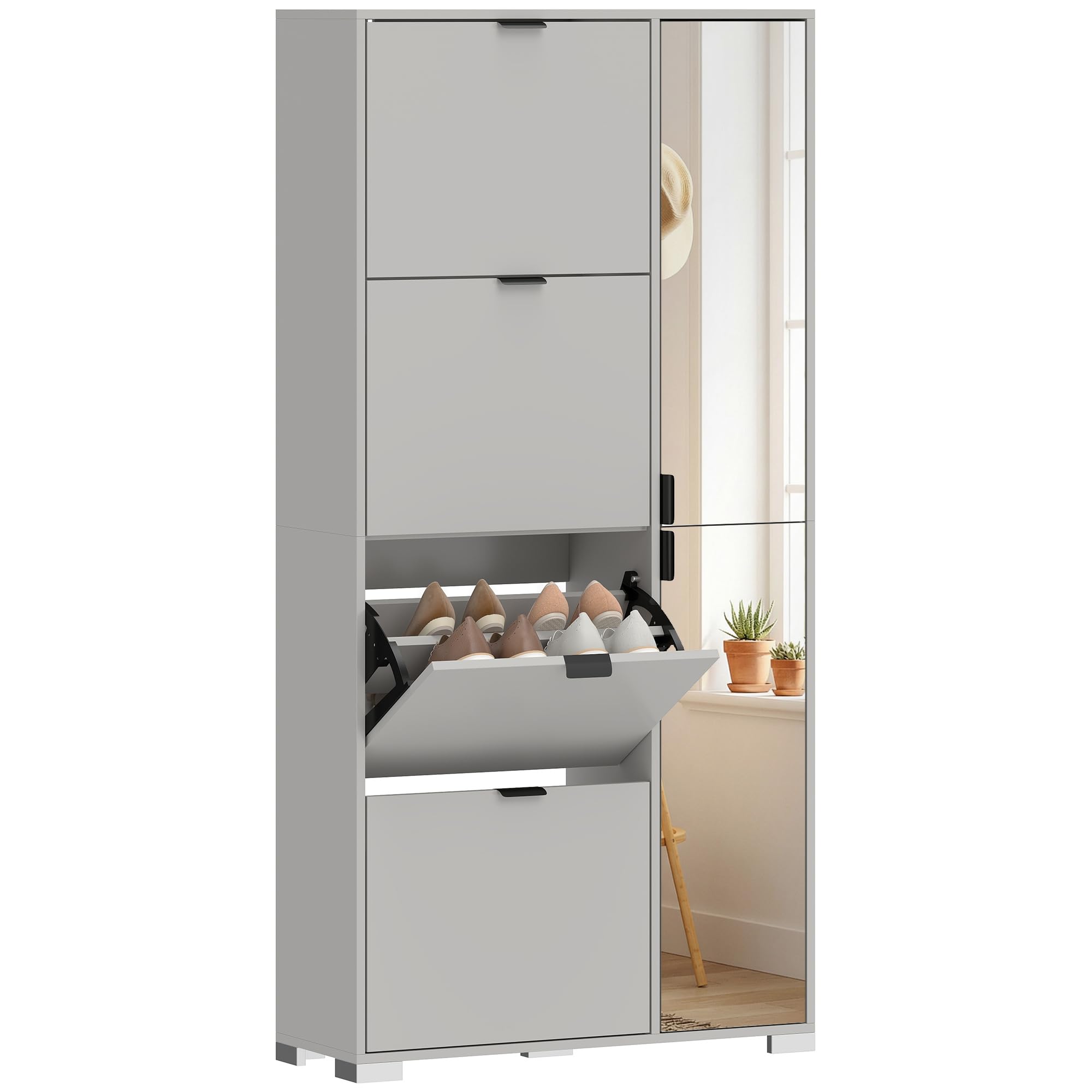 HOMCOM Scarpiera Salvaspazio Slim Alta con 2 Ante a Specchio e 4 Ante a Ribalta, Scarpiera Ingresso con Ripiani Regolabili, 2 Armadietti, 5 Gambe, Porta Scarpe per 16 Paia, 82x30x168 cm, Grigio