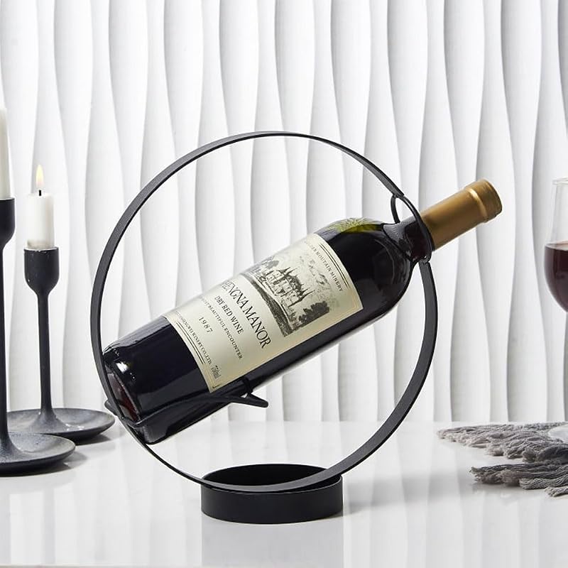 Metal Single Tabletop Wine Rack – Freestanding Countertop Decorative Wine Bottle Holder, Unique Wine Gifts and Accessories for Wine Lovers (Black)