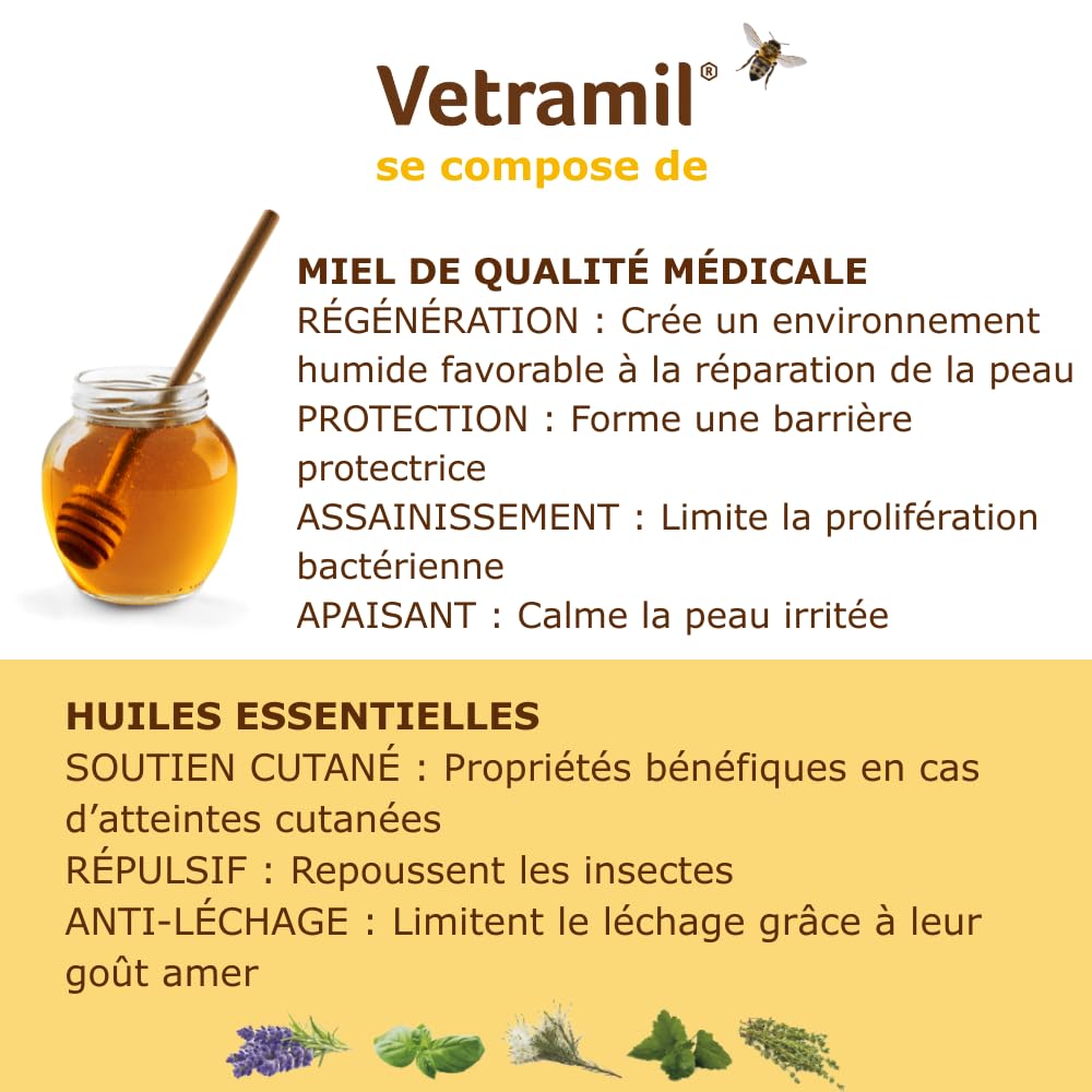 Anidev Vetramil - Spray Naturel Protecteur Multi espèces - Peaux fragilisées Animaux - Miel de qualité médicale et huiles essentielles - Effet apaisant et Protecteur - Flacon 100 ML