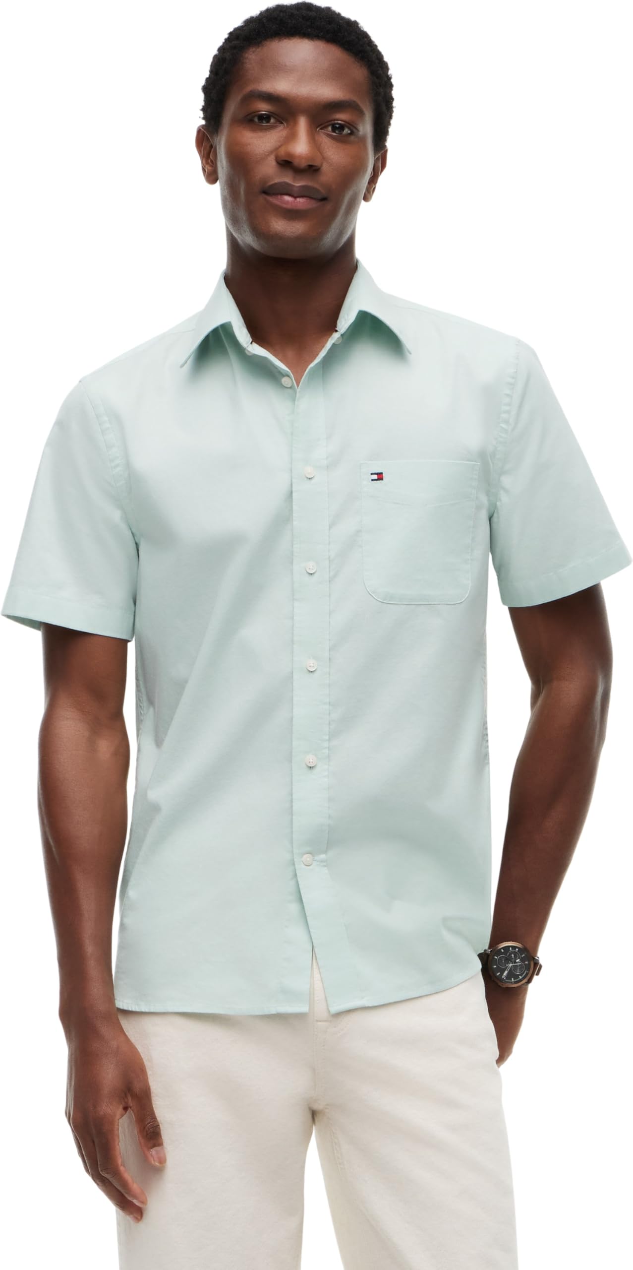 Tommy Hilfiger Men's Green Regular Fit Lightweight Short Sleeve Oxford Shirt - Crushed Mint - S