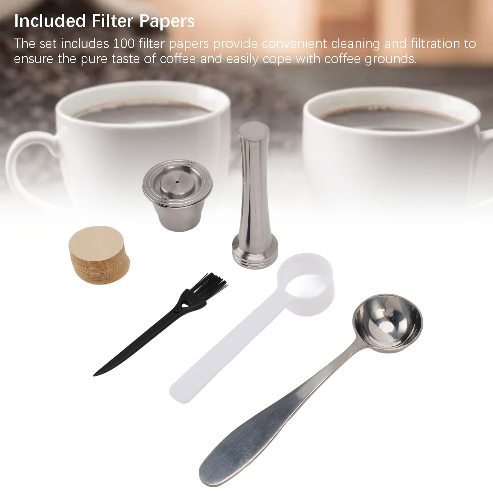 Cápsula de café reutilizable, juego de manipulación de café de acero inoxidable con 100 papeles de filtro, 2 cucharas, cepillo para uso en el hogar y la oficina, material de acero