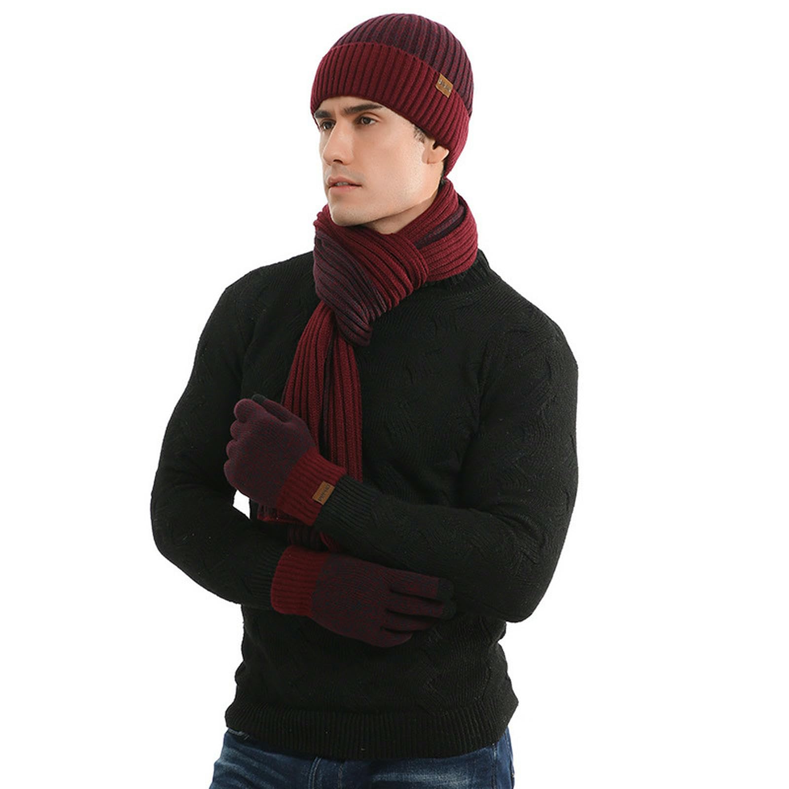 Wintermütze Schal Handschuhe Set Aus Modischer, Farbblockierter Strickmütze, Dickem Und Handschuhen Für Den Herbst Winter-schwarz