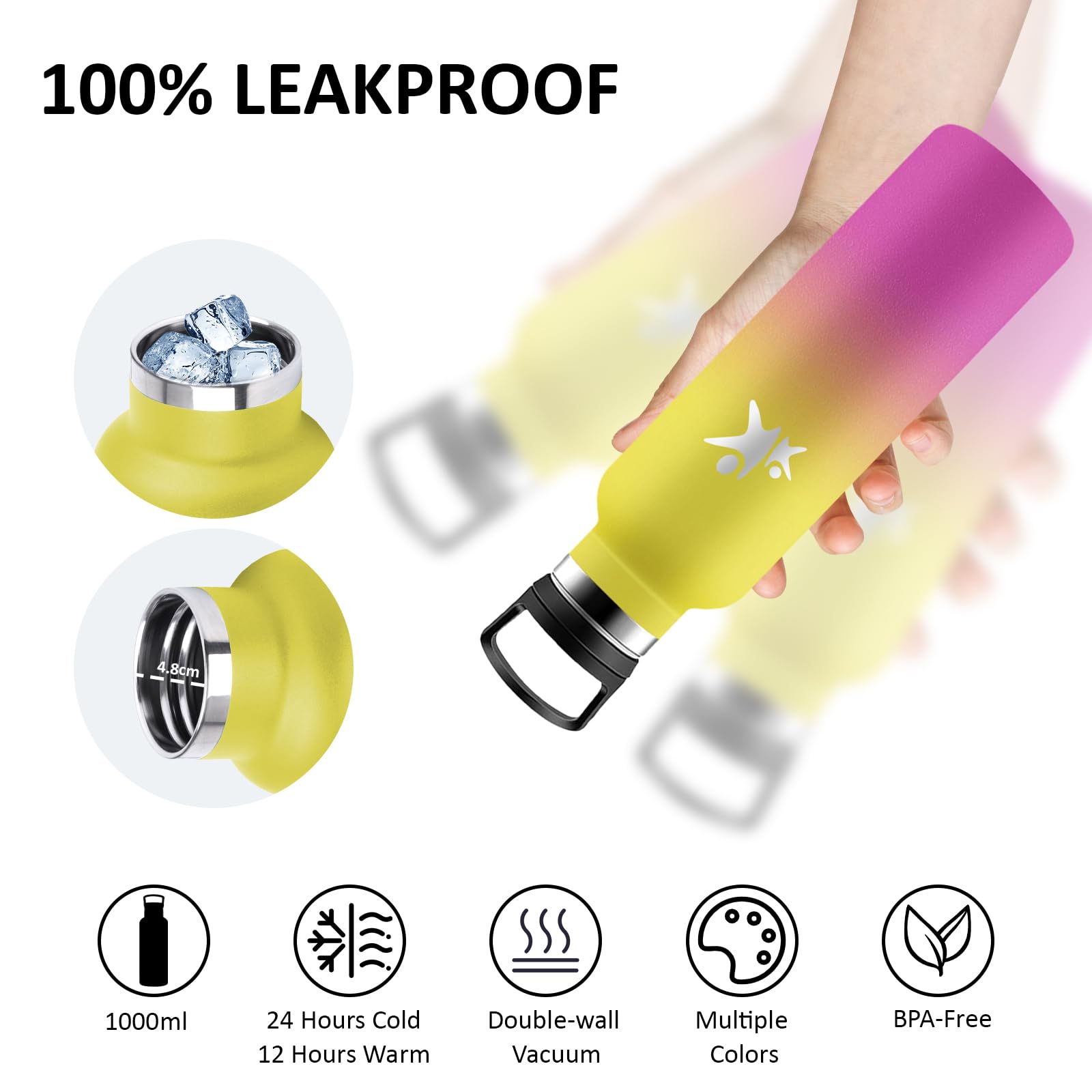 Borraccia Termica 750 ml, Borracce Termiche Senza BPA, Borracia con Cannuccia, Senza Perdite, Bottiglie Palestra, Mantiene Caldo per 12 Ore/Freddo 24 Ore, per Campeggio, Viaggio, Fitness, Palestra