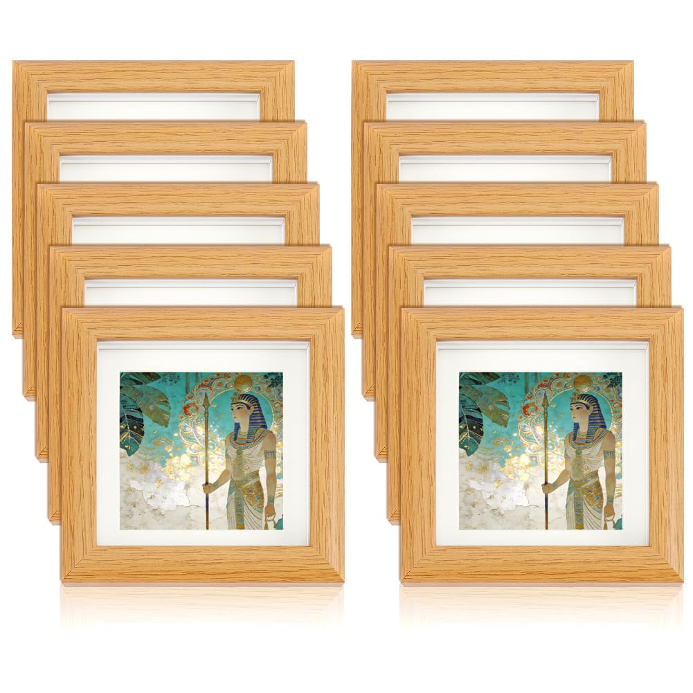 INTERWARM 10 Pack Solid Wood Shadow Box Picture Frame,10.2x10.2cm Frame Display Case Memory Box for Memory Sports Memorabilia Medals Wedding Pins Awards Tickets and Photos, Tan