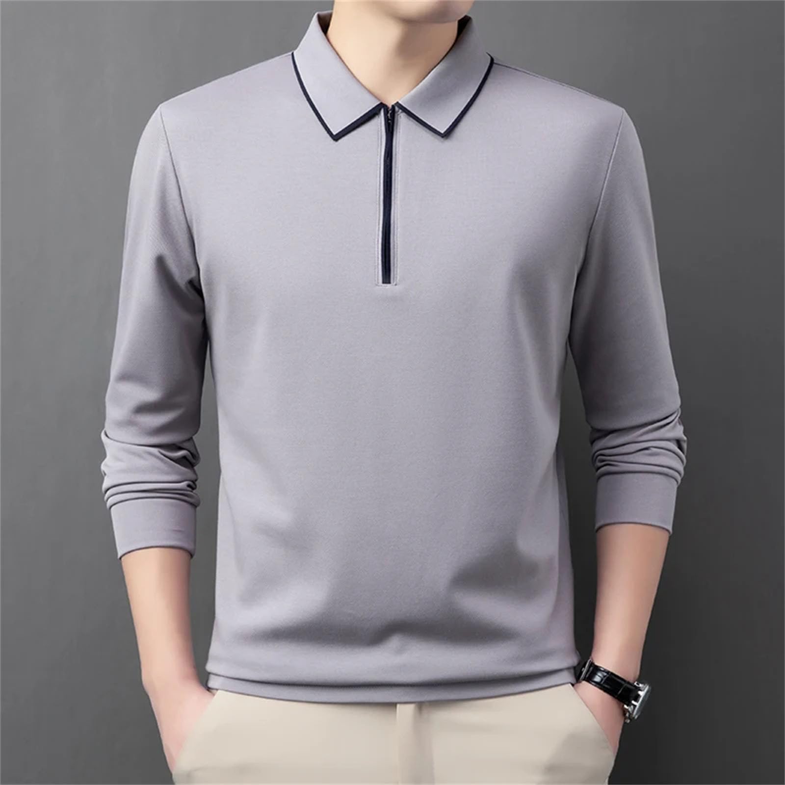 Polo de manga larga de algodón suave para hombre, a la moda, ligera, media cremallera, versión de golf, camiseta