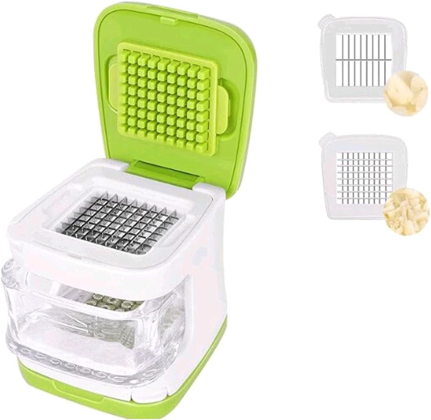 Garlic Press,Double cutting Crusher, Cutter, Mincer, and Storage Container (Green).
