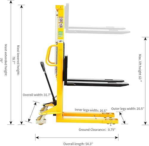 Miniatura 4 de DMC-FPPS 1100lbs Capacidad Apilador de Palets Manual, 63" Altura de elevación hidráulica, 7.9"-29.3" Horquillas ajustables de ancho, Carretilla