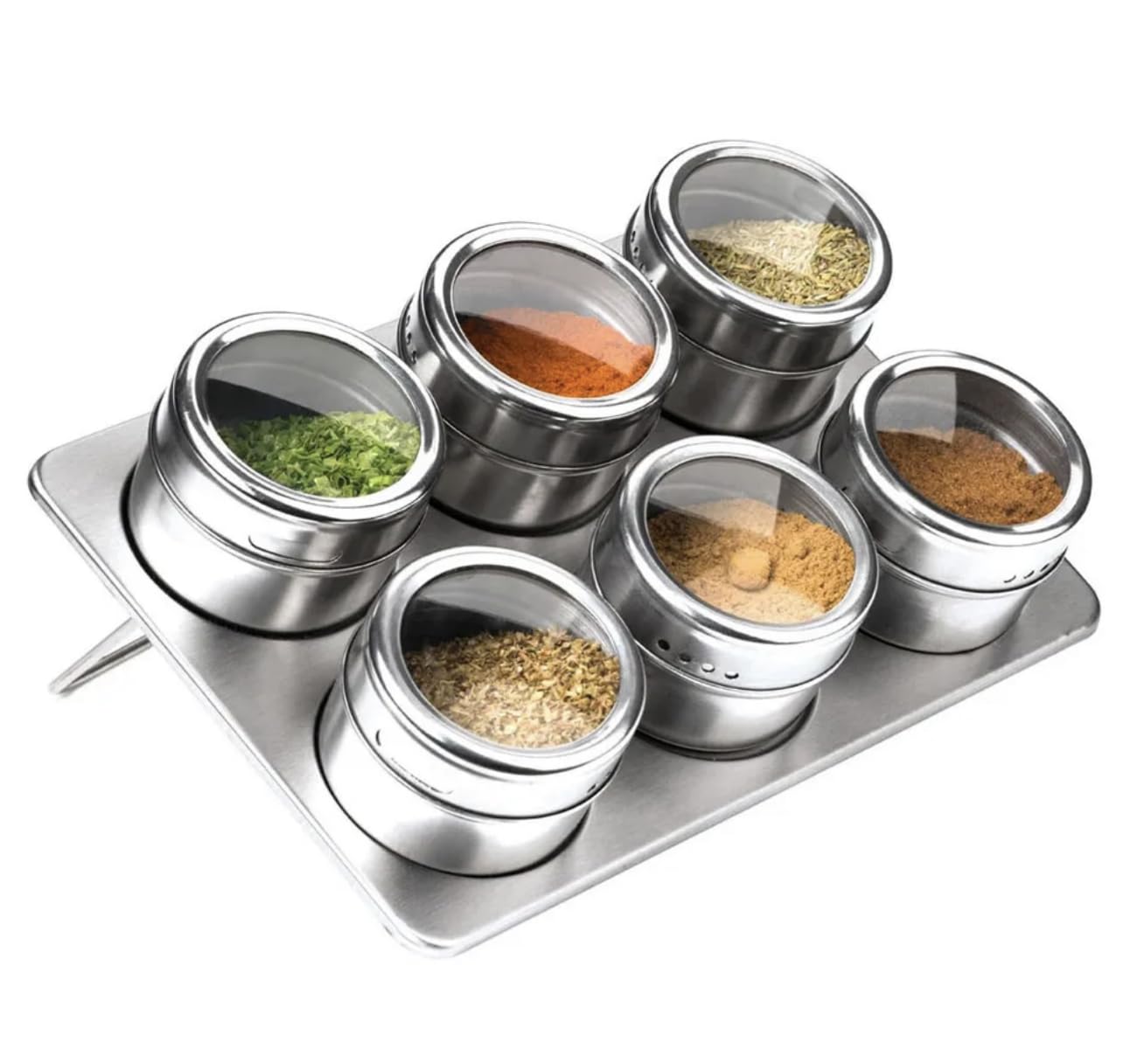 SET OF 6 MAGNETIC SPICE JARS RACK STAINLESS STEEL TRIANGULAR/OBLONG TRAY HOLDER