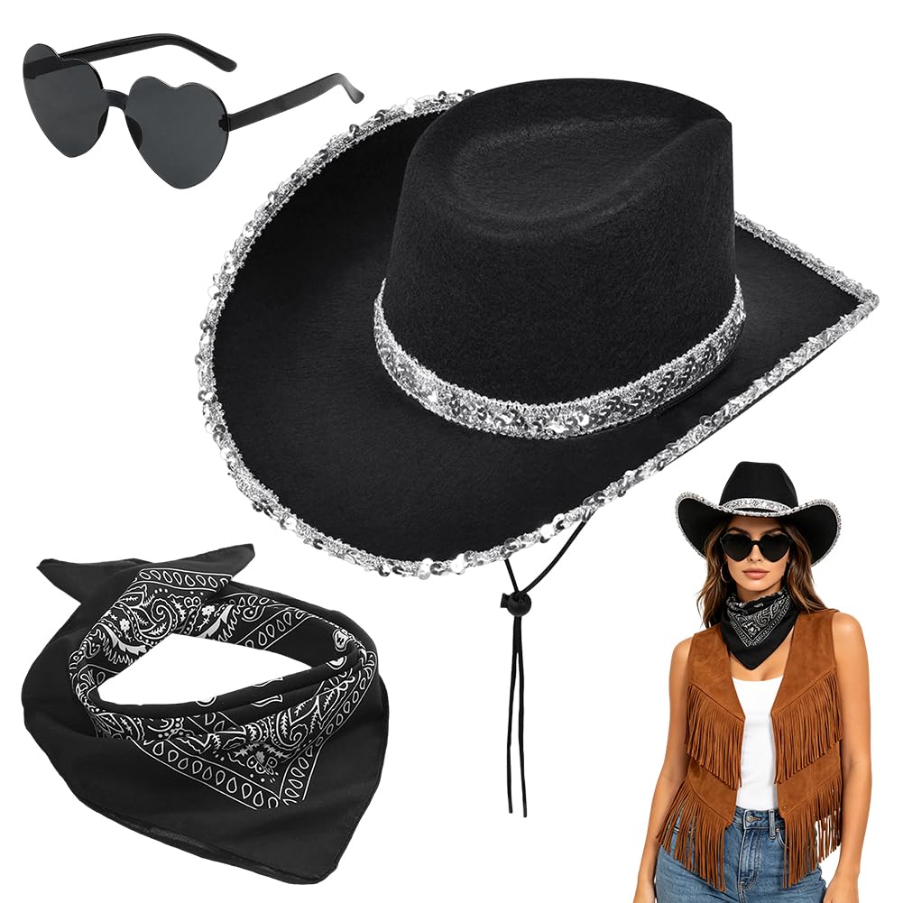 Spiritzohic 3Pcs Western Cowboy Hat Set,Cowboy Costume Set with Wide Brim Hat, Paisley Bandanna and Glasses,Unisex Cowboy Fancy Dress for Birthday Halloween,Cosplay, Bachelor Party (Black)