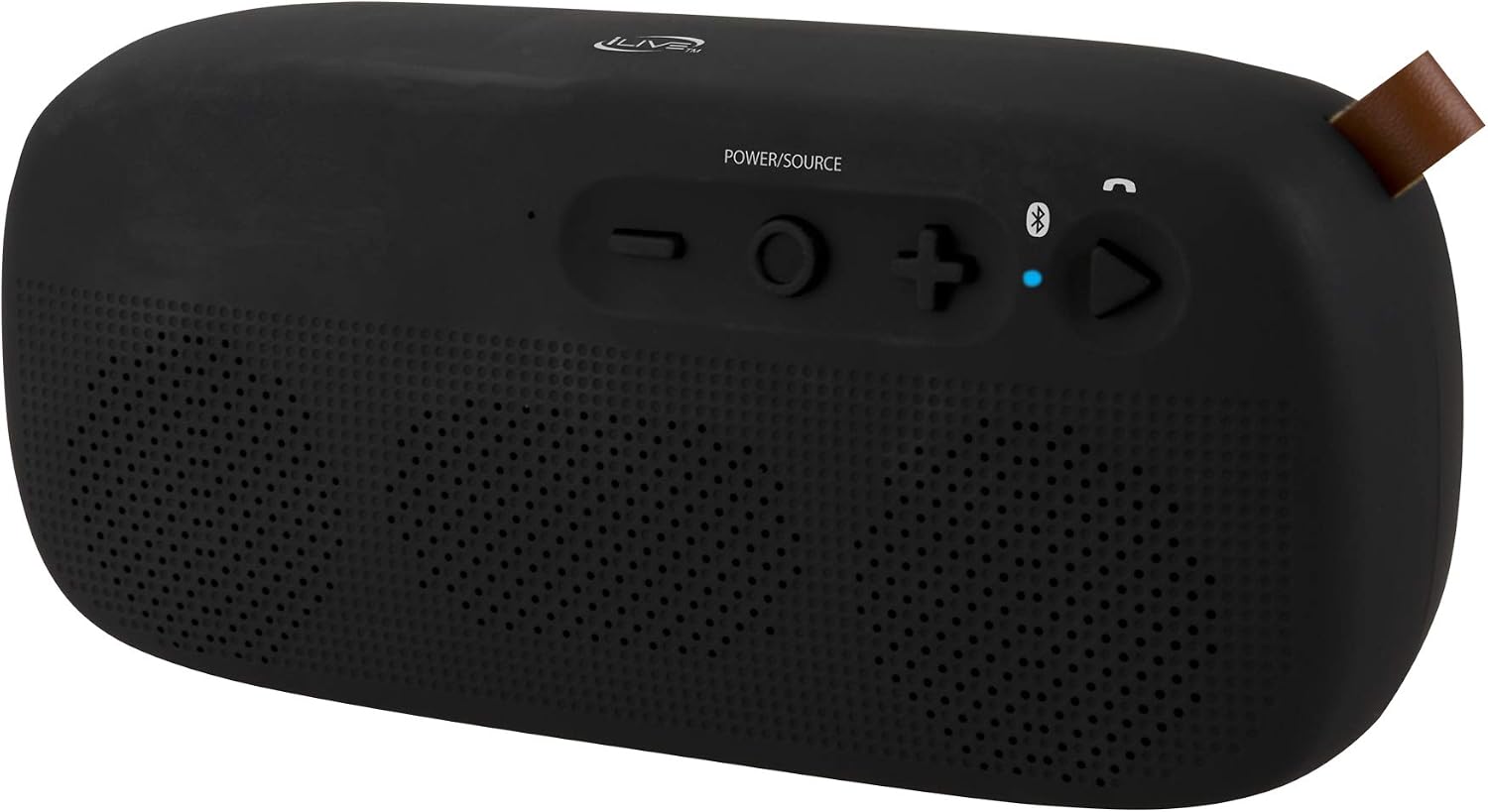 Top view of iLive ISBW249B speaker showing control buttons: Power/Source, Volume Down, Play/Pause, Volume Up, Bluetooth, and Play/Call