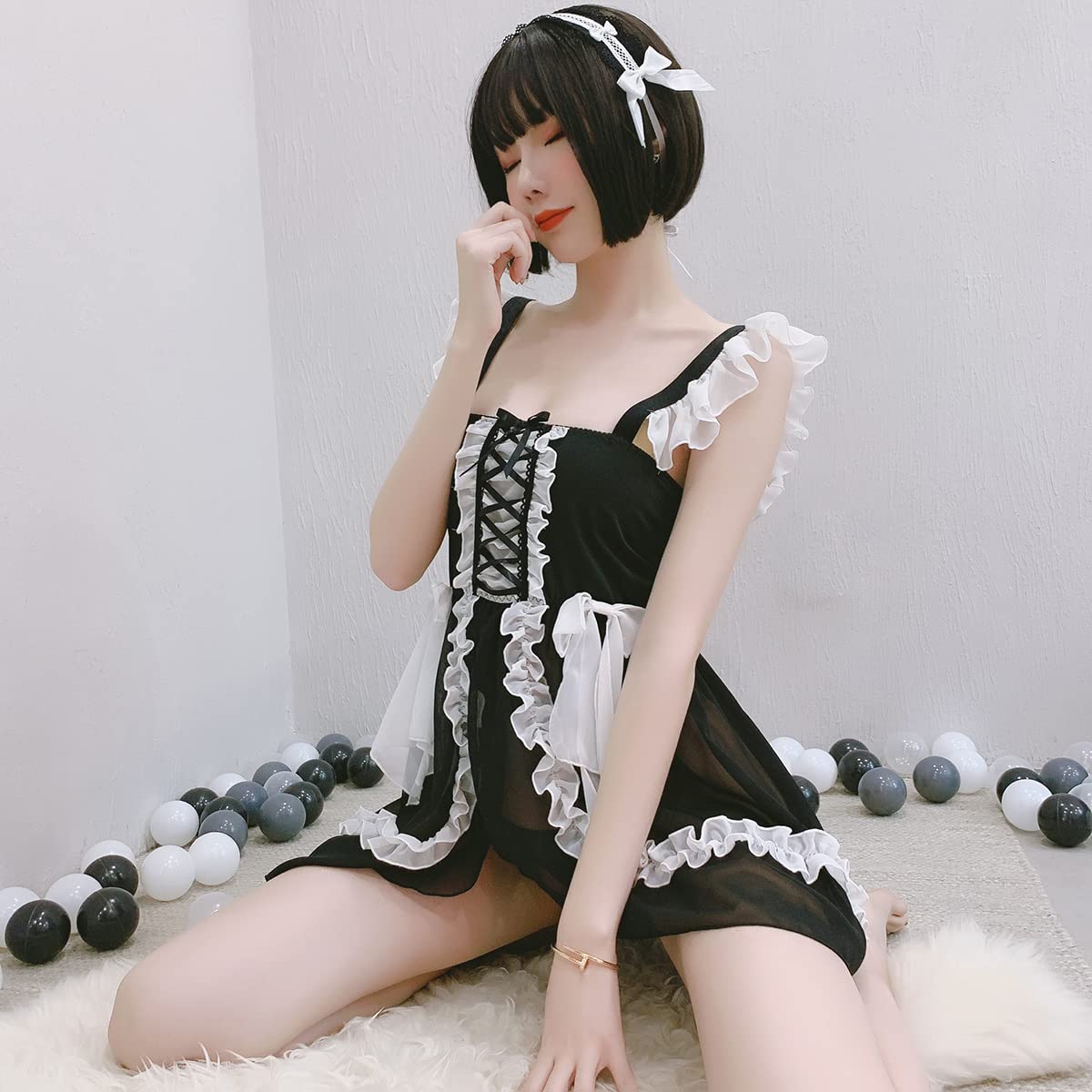 Amazon.co.jp: [Bolome] コスプレ セクシー メイド服 コスチューム メイド レディース レース 女性 ブラック  ホワイト（BLGR690B） : ホビー