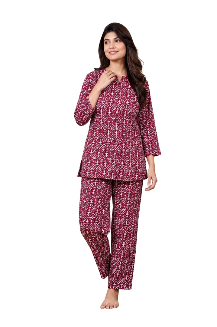 Women's Maroon Geometric Print Pure Cotton Nightsuit Co-Ord Set | Notch Neck Short Tunic with 3/4 Sleeves & Matching Ankle-Length Pajamas | Soft Breathable Cotton Nightwear, Loungewear & Home Wear-picture-38