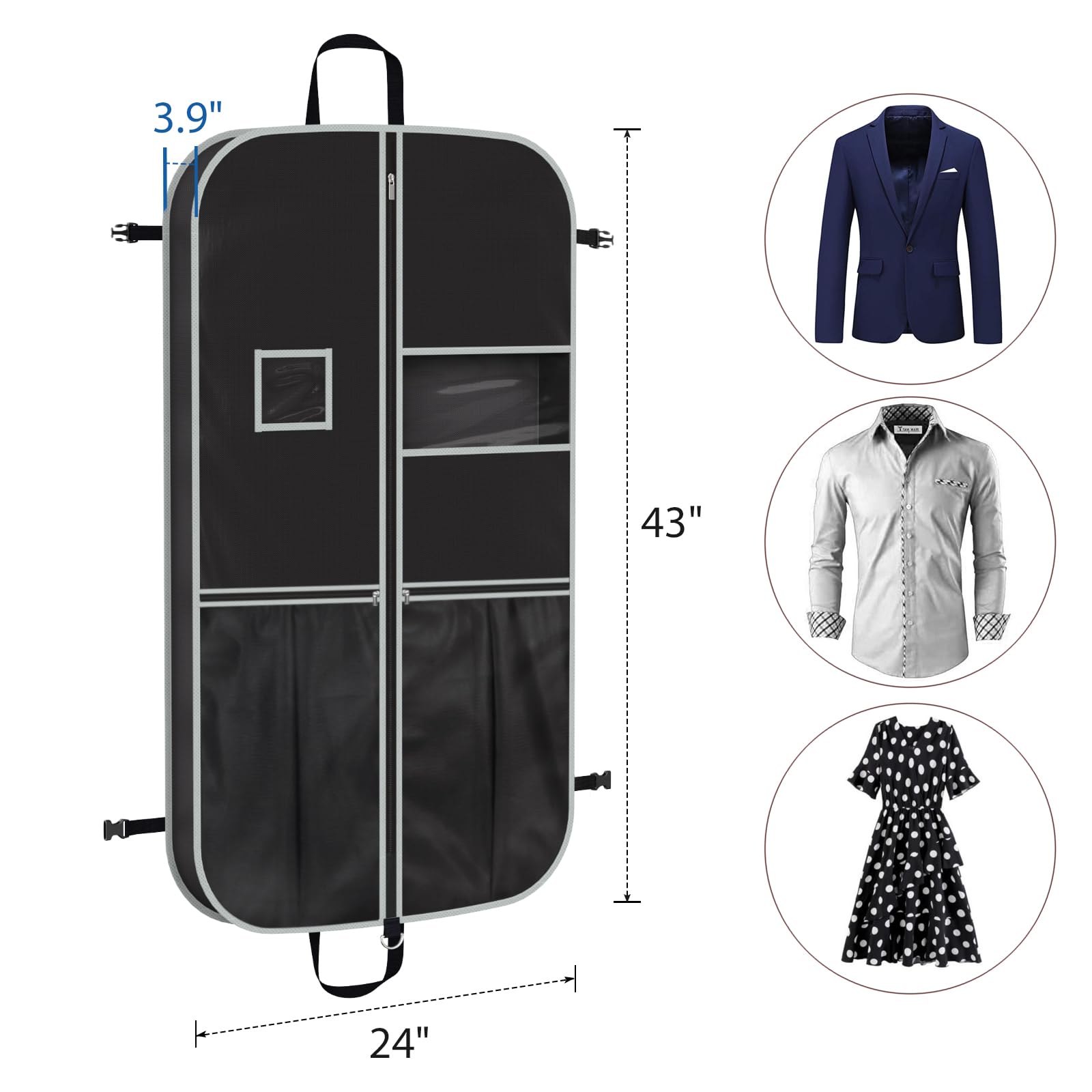 Zilink - Bolsa de ropa mejorada de 109 cm para traje, con refuerzo de 9,9 cm y hebillas estables, resistente, colgante, transpirable, plegable, protector de ropa de viaje y armario