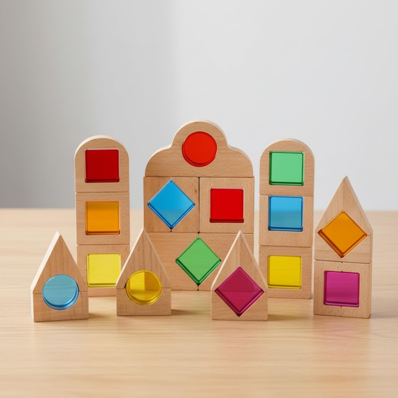 40 Pezzi Blocchi di Costruzione in Legno e Acrilico Educativi Gioco di Costruzioni con Inserti Acrilici Creativo Blocchi Legno Traslucidi per Casa