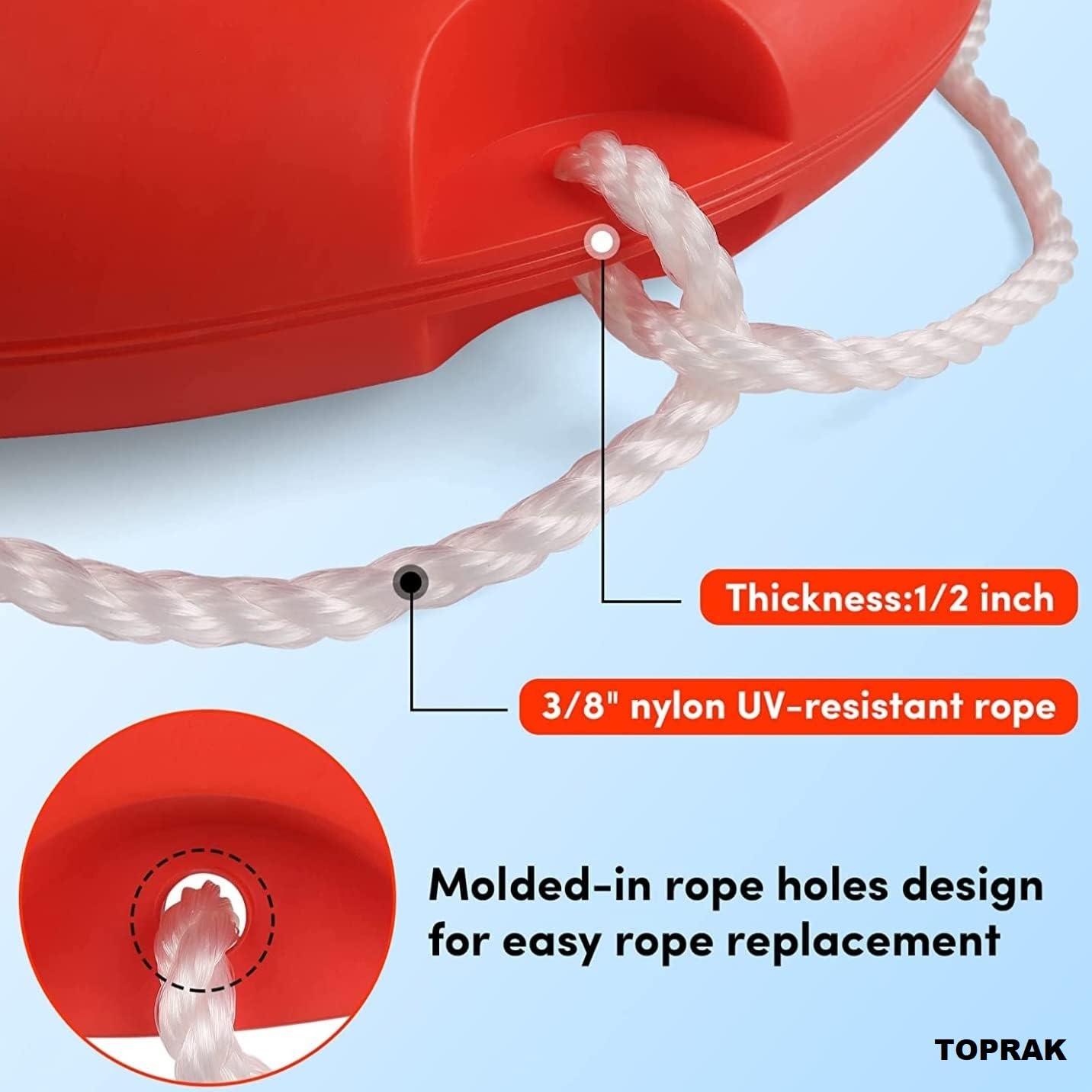 TOPRAK Life Buoy Ring, Rotomolded Hard-Shell Foam Construction, High-Visibility Reflective Strips, Includes 50ft Floating Rescue Rope, Orange 28.3in 2