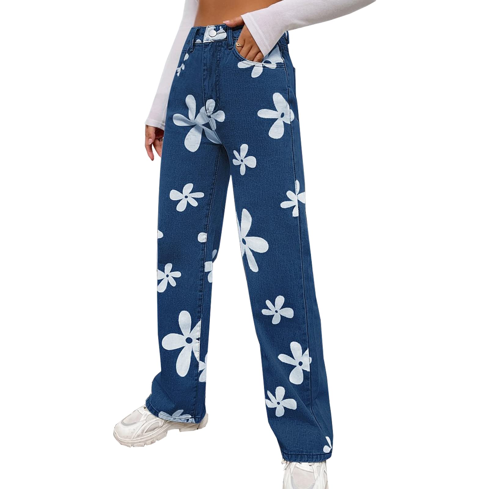 Women's Flower Print Y2K Fashion Wide Leg High Waist Denim Pants Boyfriend Jeans Loose Fit Vintage Jeans for Teen Girls