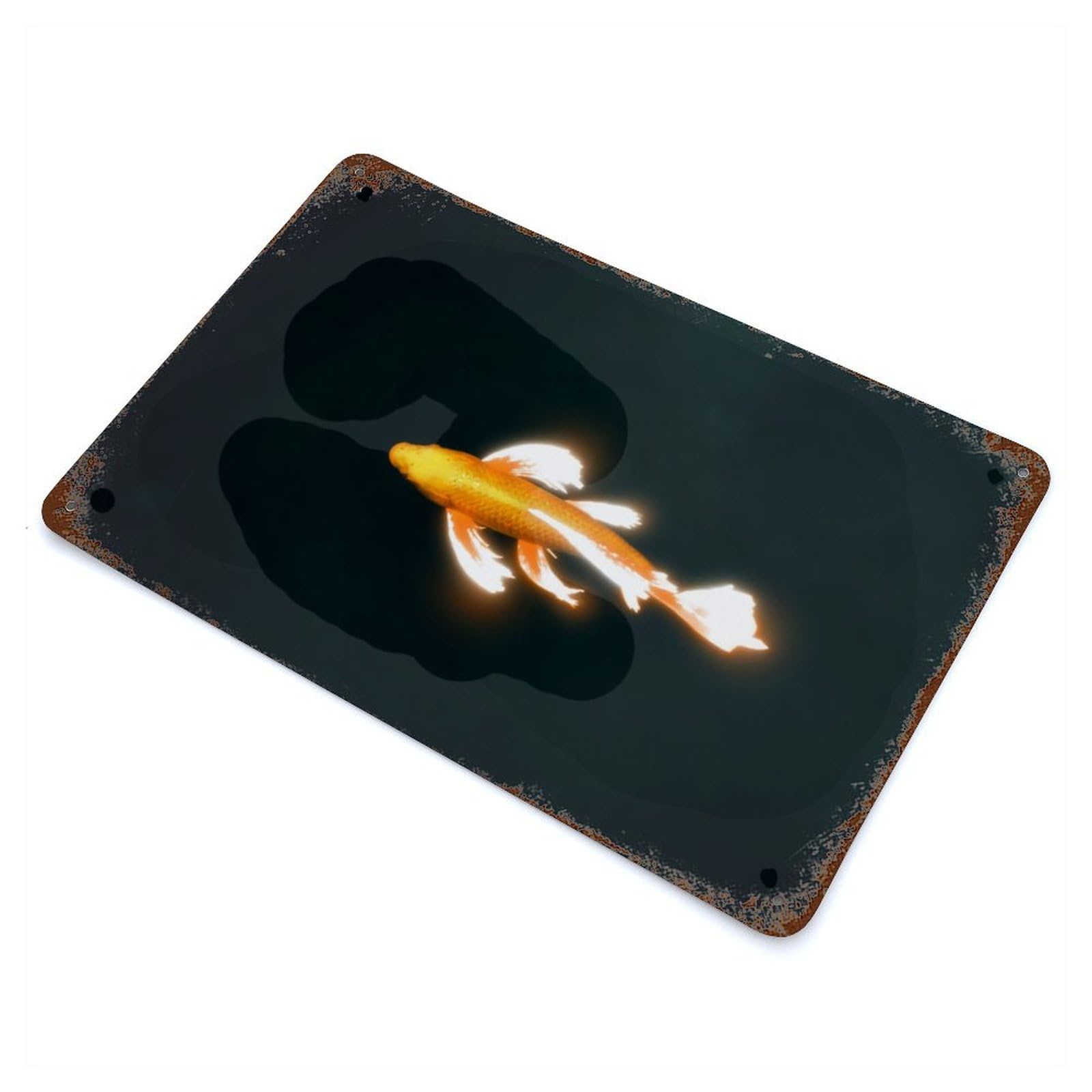 Glowing Koi Fish Dark Pond 11.8"x7.9" Aged Metal Wall Plaque, Novelty Wall Decor for Garage, Bar And Workshop Decor