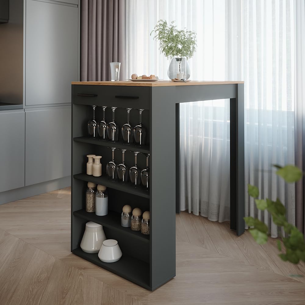 Vicco tavolo bar alto Repose, Rovere dorato/antracite, 67 x 100 cm, per l'utilizzo come tavolo alto con ripiani regolabili
