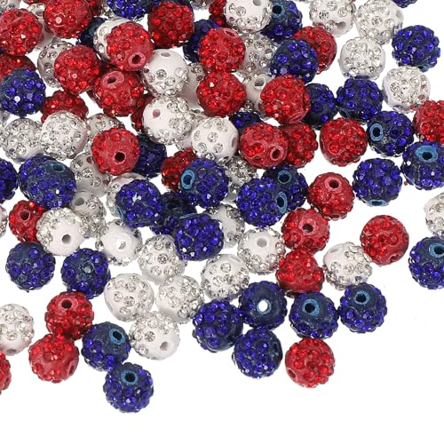 PATIKIL 10mm Cuentas De Rínestones De Arcilla Para Hacer Joyas, 150 Pcs Cuentas Redondas Brillantes De Disco Bolas Brillantes De Diamante Al Por Mayor Para Pulseras,Rojo/Azul Marino/Blanco