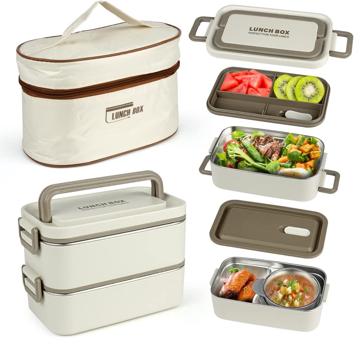 Bento Box Adult Lunch Box, Portable Insulated Lunch Containers Set, 2-Tier Stackable Stainless Steel Bento Boxes with Thermal Lunch Bag Soup Bowl, Leakproof Food Container