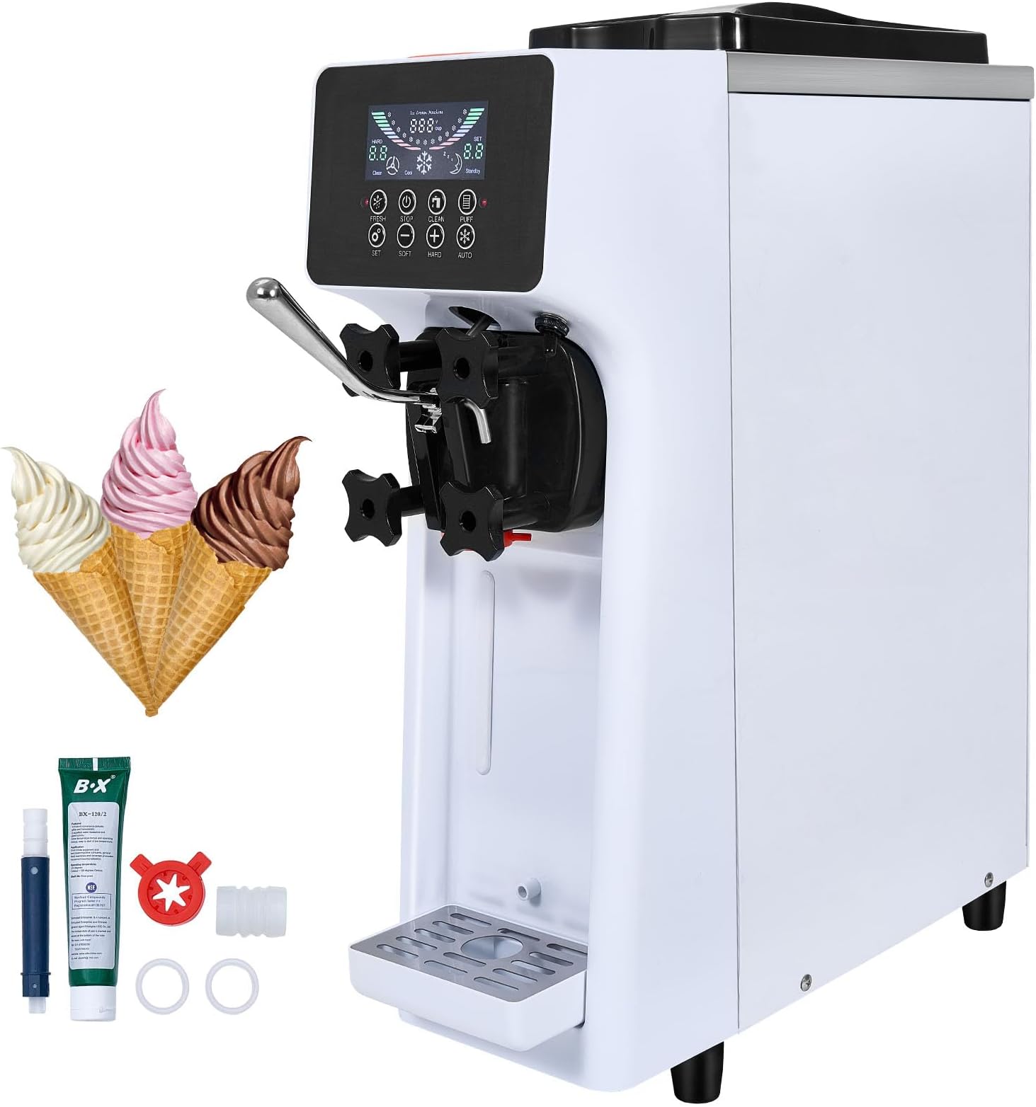 Commercial Ice Cream Machine 10L/h 900W 1 Flavor, Italian Ice Maker Hopper 4L, LCD Panel, Pre-Cooling Automatic Cleaning, for Yogurt Coffee Snack Bar Restaurant