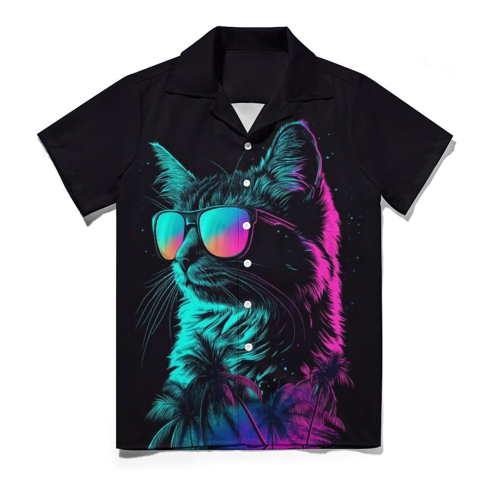Hehanus Mens Funny Cat Button Down Shirts Casual Cuban Short Sleeve Shirts Summer Beach Vacation Shirt