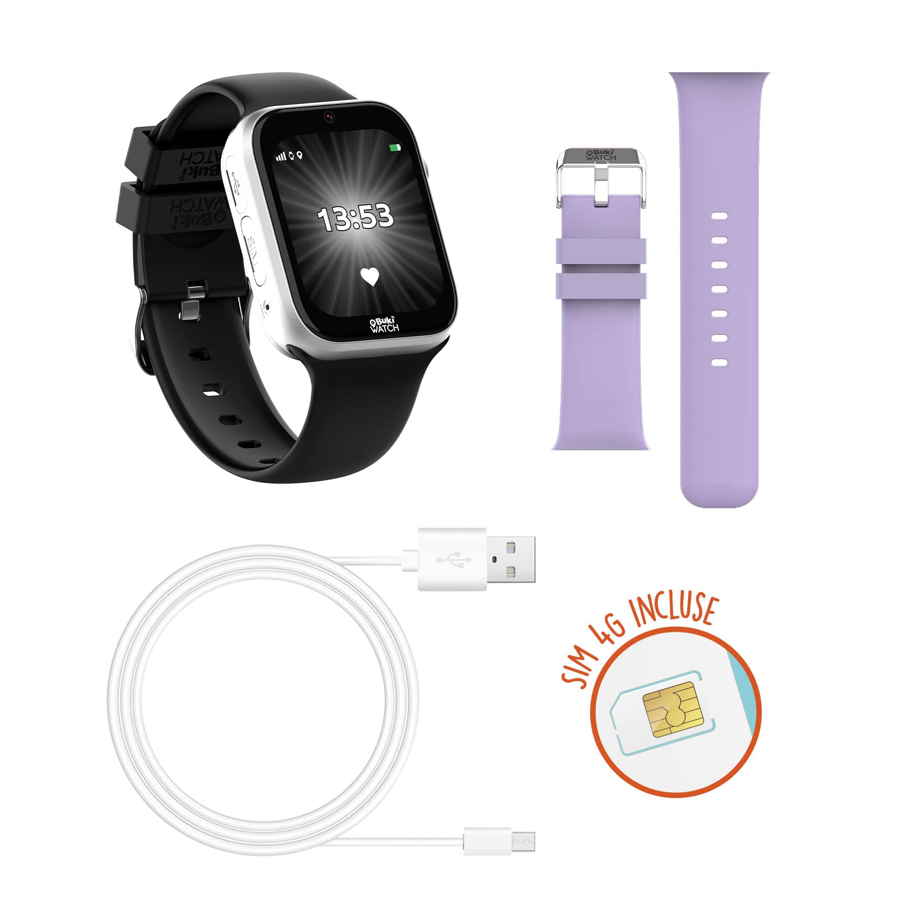 Smartwatch dla dzieci z dołączoną kartą SIM - połączenia, GPS, SOS, wideo, wodoodporny, kontrola rodzicielska za pomocą aplikacji - 2 paski - od 8 lat - gotowy do pracy - zegarek BUKI - FIB01