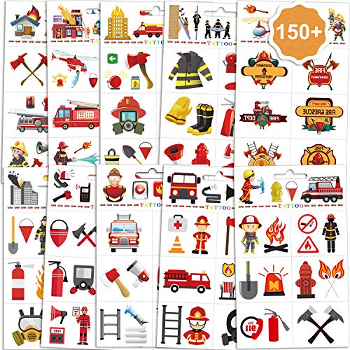 Konsait Firefighter Temporary Tattoos for Kids, 150+Pcs Fire Fake Tattoo Waterproof Fireman Firetruck Tattoo Sticker for Boys Girls Birthday Party School Fire Education Theme Party Favor Gift Supplies